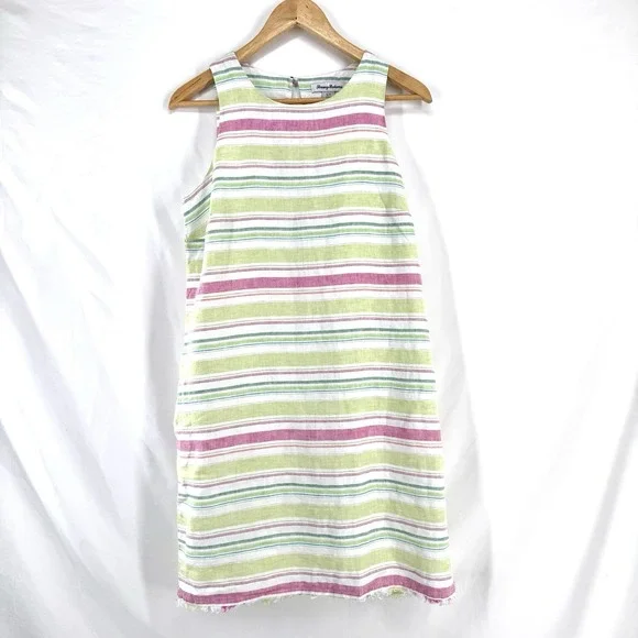 Tommy Bahama Tulum Linen Shift Dress S Coastal Resort Beach Striped Fringe - Picture 1 of 8